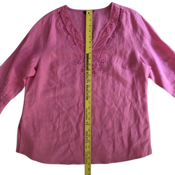 Silkland 100% Linen Embroidered Tunic Womens Sz 1X Pink V-Neck Flare Sleeve Boho - Picture 11 of 14